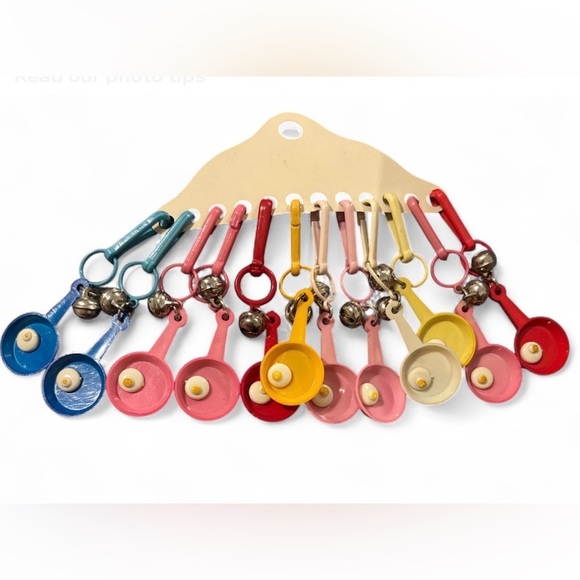 Vintage Jewelry - Vintage 80s Plastic Clip On Bell Charm Necklace 12 Charms Frying Eggs Taiwan